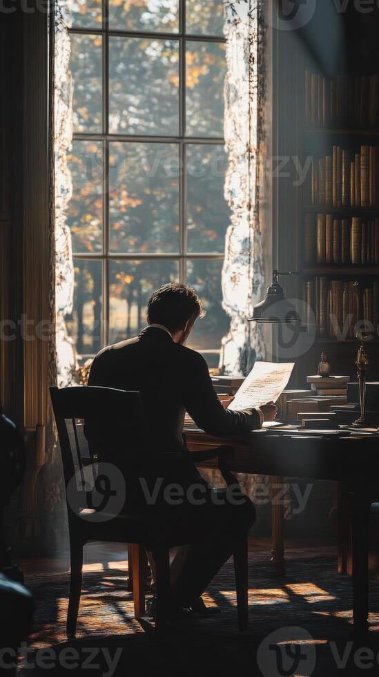 A man sitting at a desk in front of a window photo