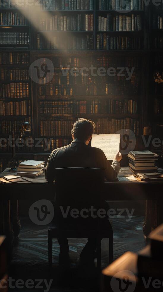 Man sitting at desk in library with sunlight streaming in photo