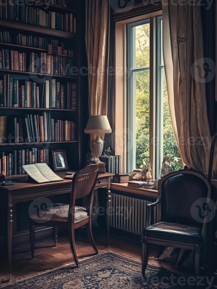 A room with a desk and chair in front of a window photo