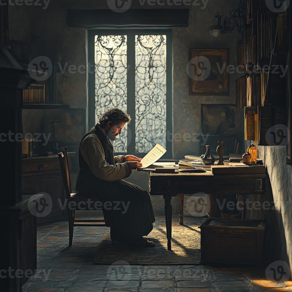 A man sitting at a desk in a room photo