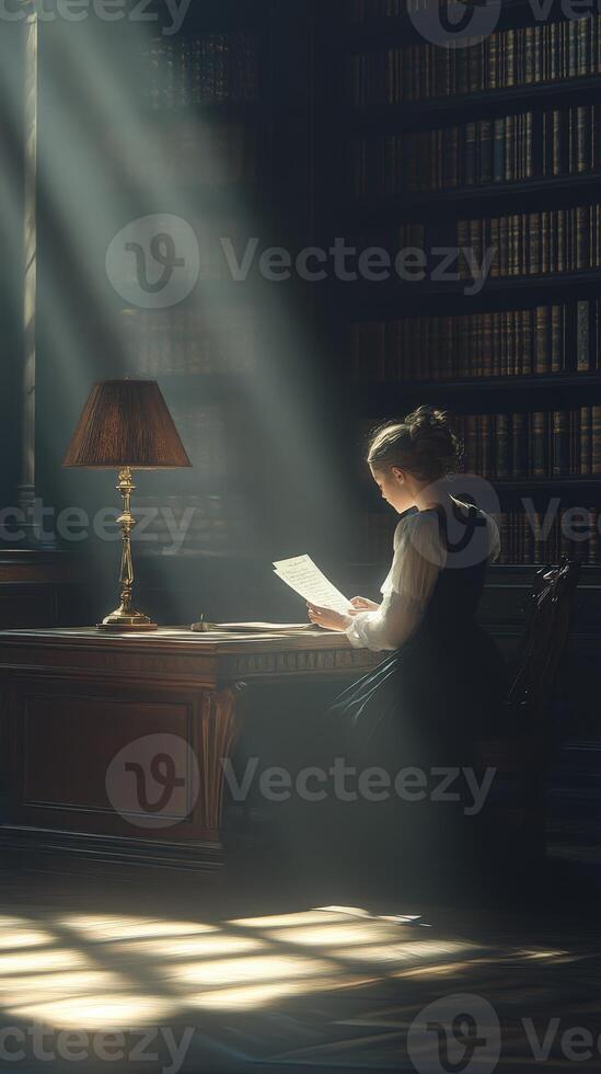 A woman sitting at a desk in a library reading a book photo