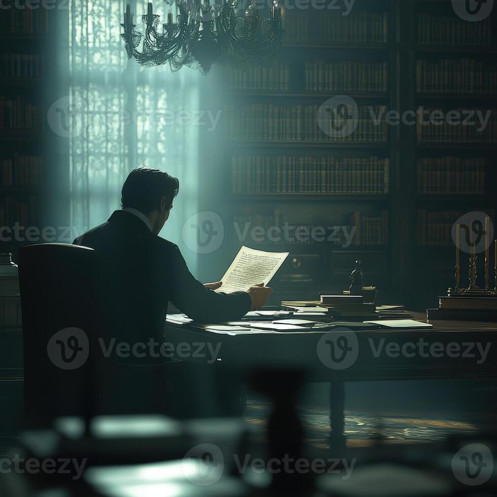 A man in a suit sitting at a desk in front of a bookcase photo