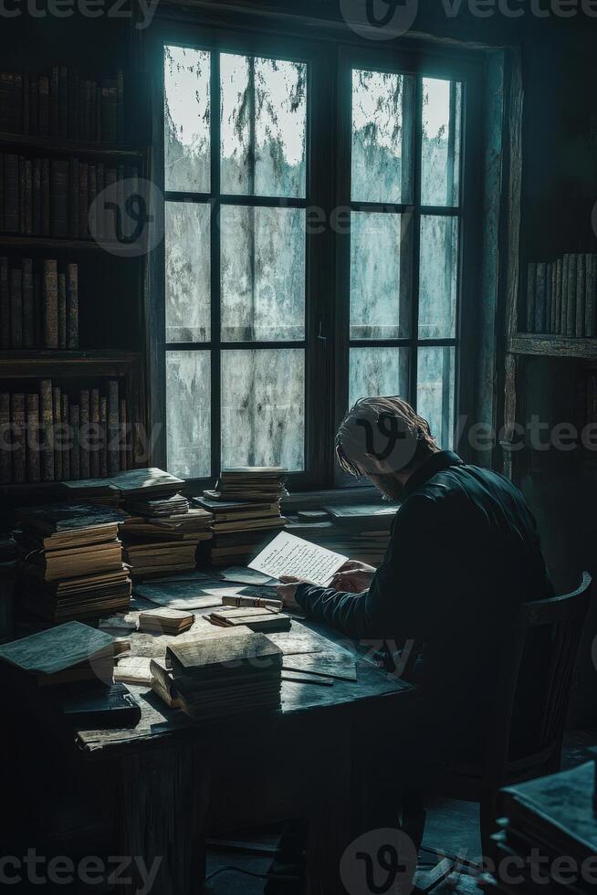 A man is sitting at a desk in front of a window photo