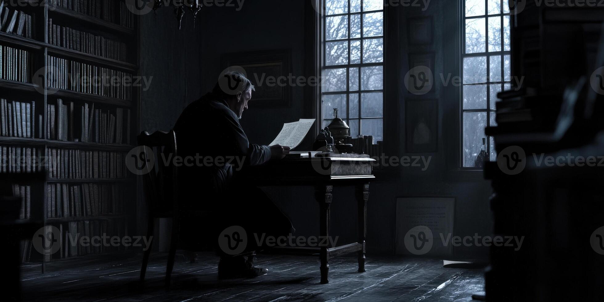 Reader immerses in literature while seated at a wooden desk in a dimly lit library on a rainy evening photo