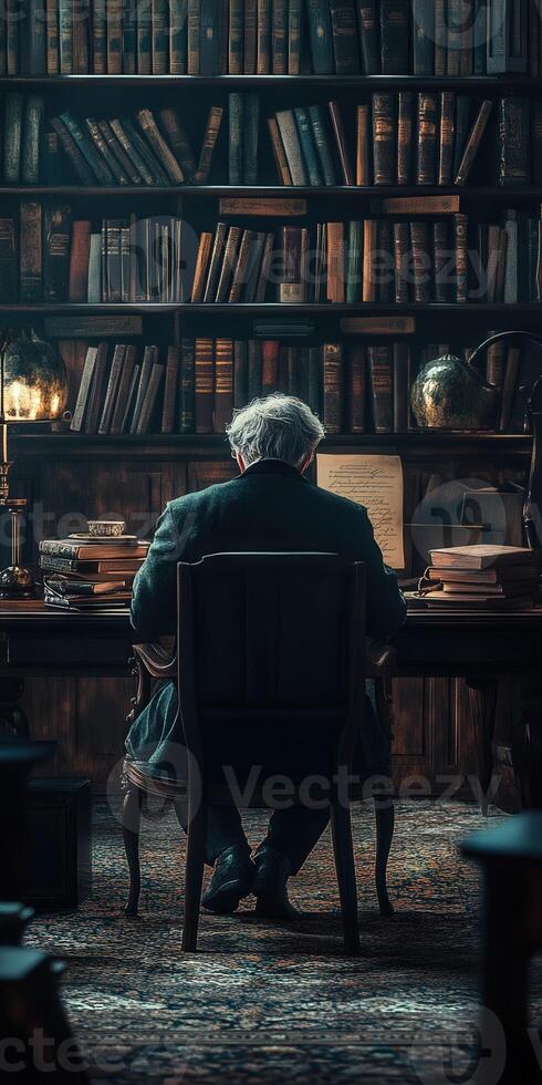 A man sitting at a desk in front of a library photo