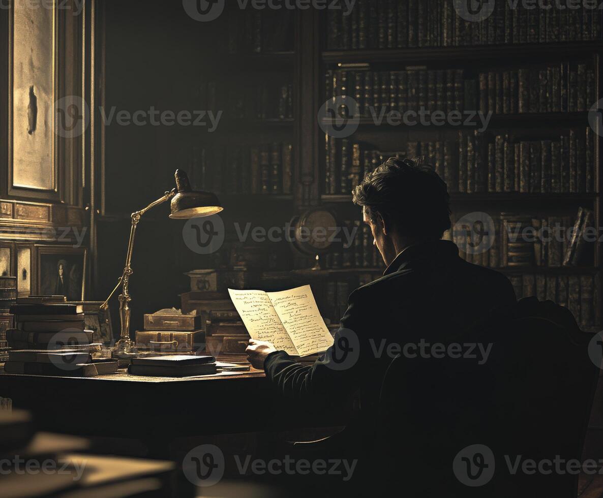Researcher reading ancient documents in a dimly lit library filled with books and vintage decor photo