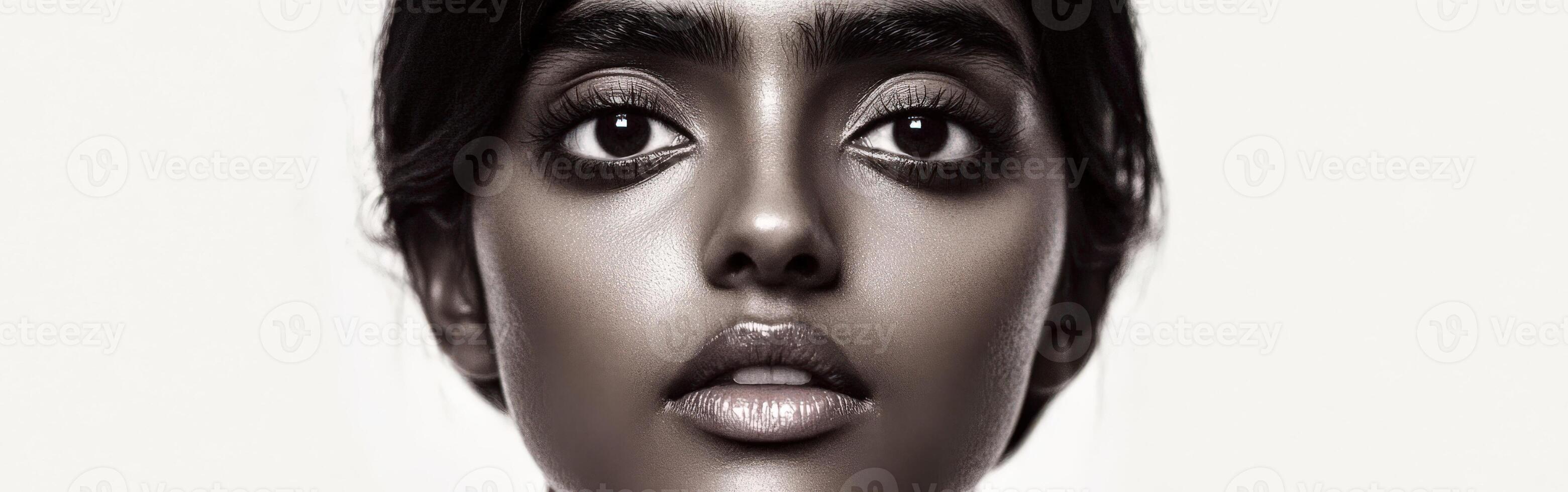 Stunning close-up portrait of a woman showcasing expressive features and striking eyes photo