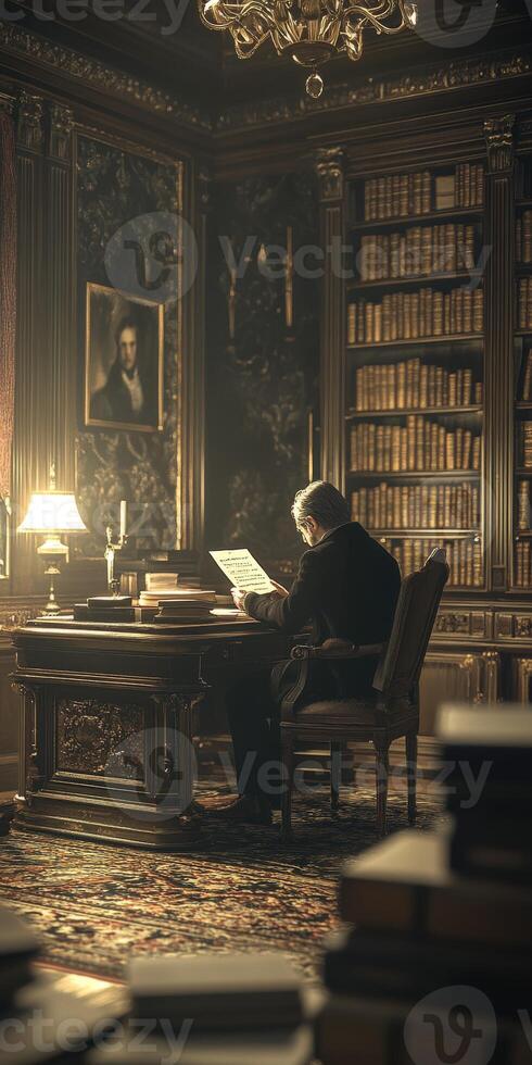 Older gentleman reading a document in a vintage library with ornate decor and shelves filled with books photo