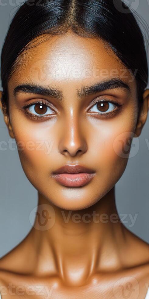 Model showcasing flawless skin and striking features during a beauty shoot in a studio setting photo