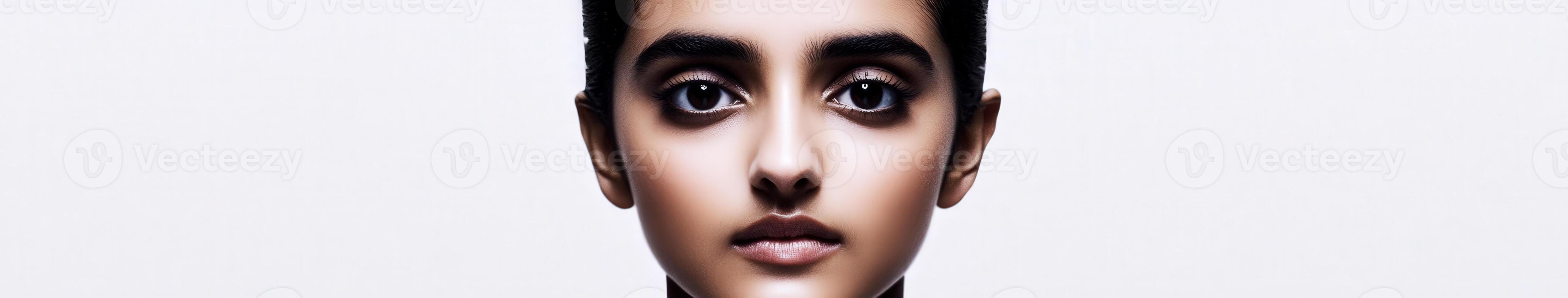 Portrait of a young individual with striking features and intense gaze against a light background photo