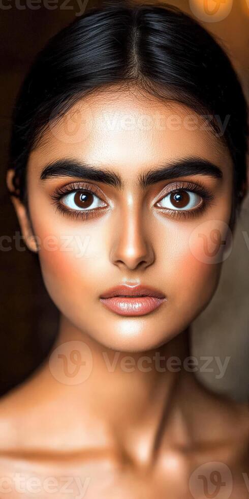 Model displays captivating beauty with flawless skin and expressive eyes in a warm, intimate setting photo