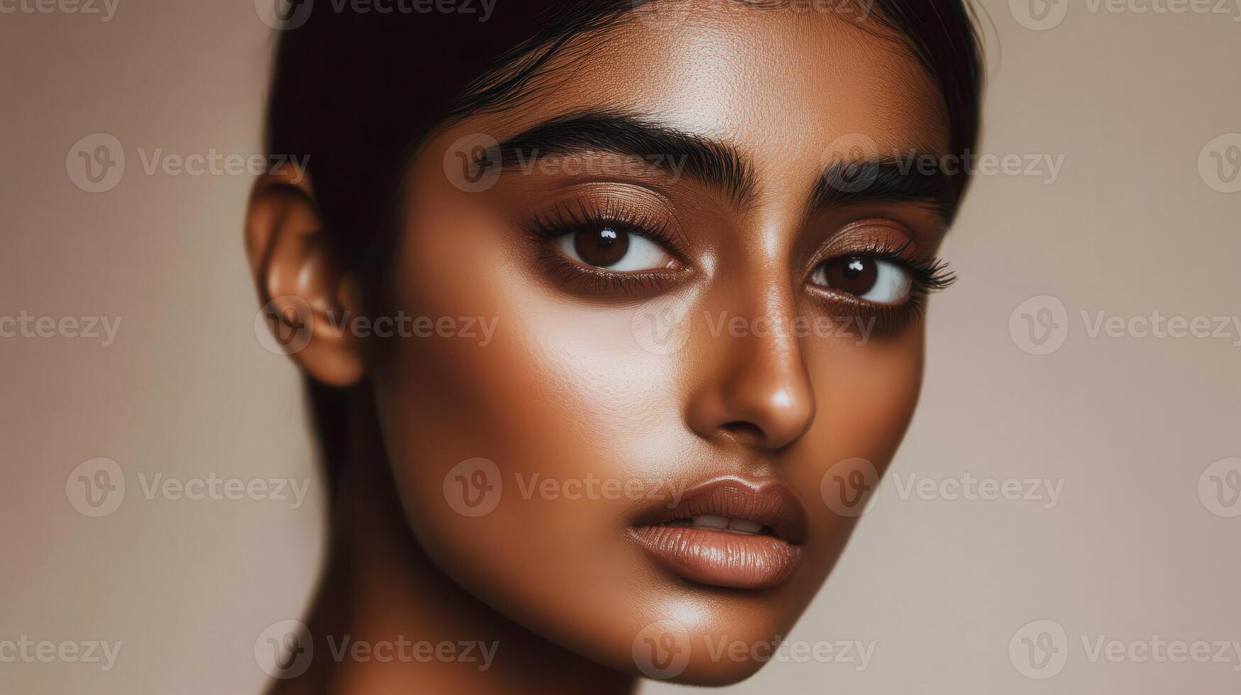 Captivating portrait of a young woman with striking features and warm skin tone in a soft, illuminated setting photo