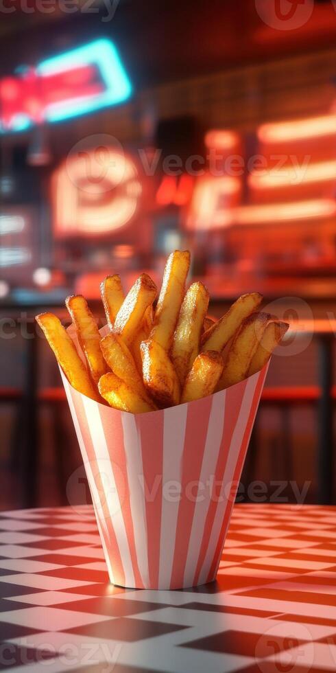 French fries in a paper basket on a checkered table photo