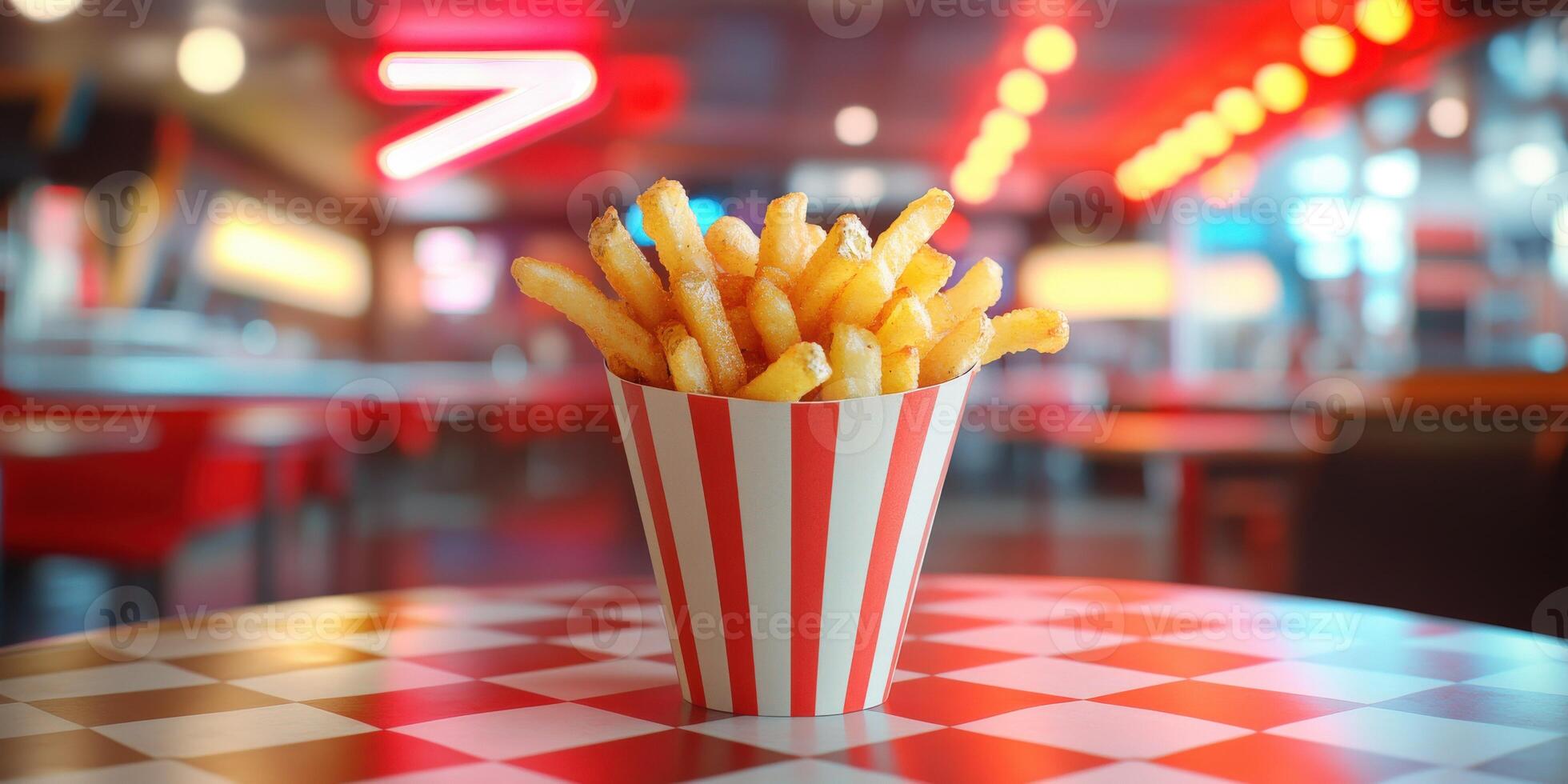 French fries in a paper cup on a checkered table photo