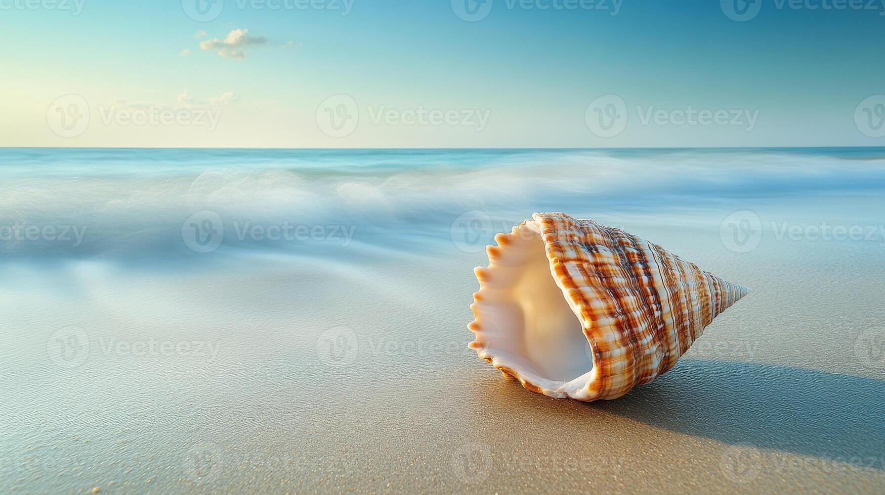 Seashore with a striped shell resting on sandy beach under a clear blue sky during golden hour photo