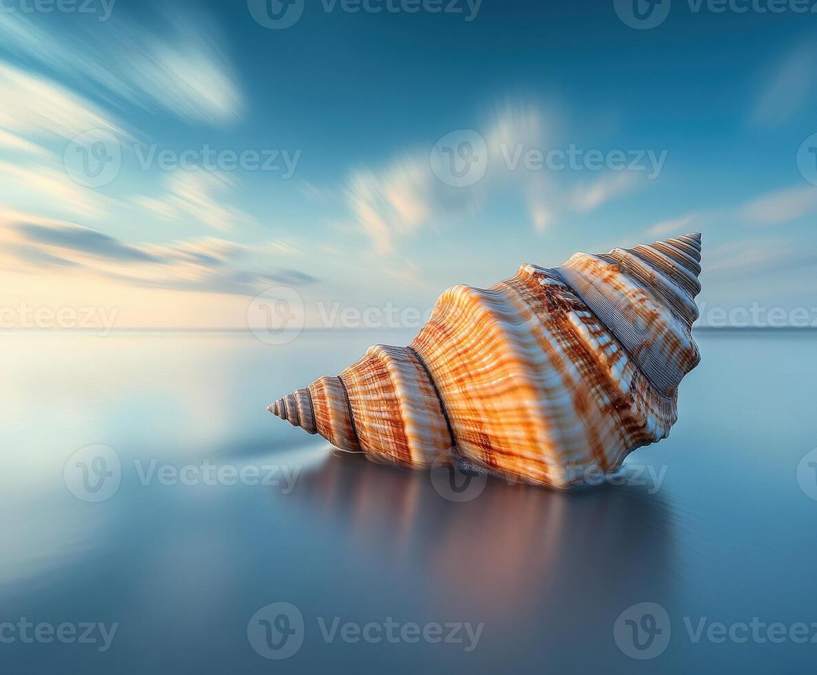 Shell rests on calm beach during sunset with gentle waves surrounding it photo
