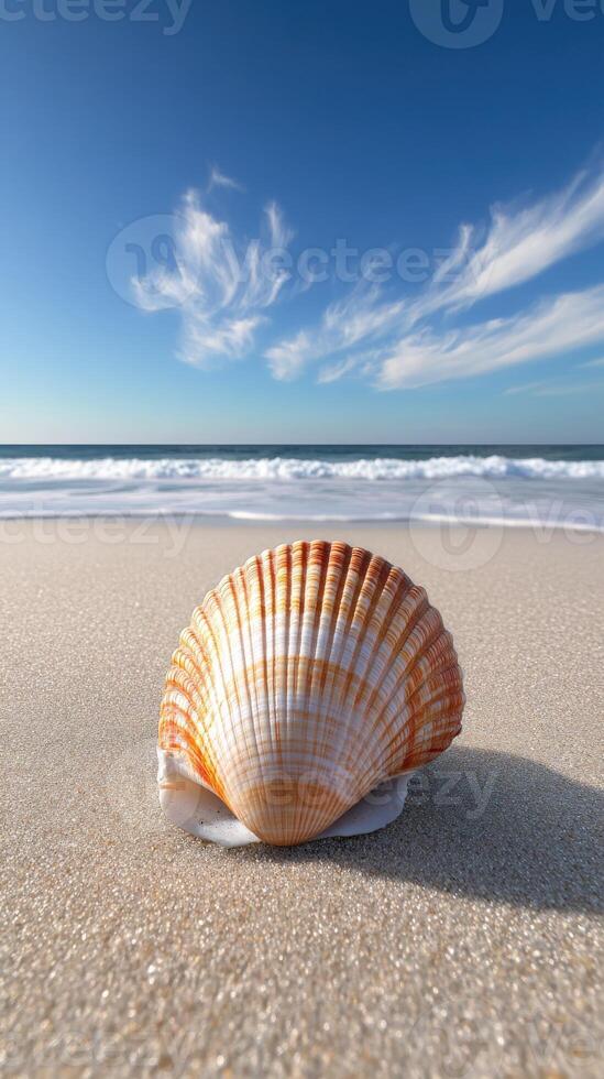 Beautiful seashell resting on soft sandy beach under blue sky with wispy clouds and gentle ocean waves in the background photo