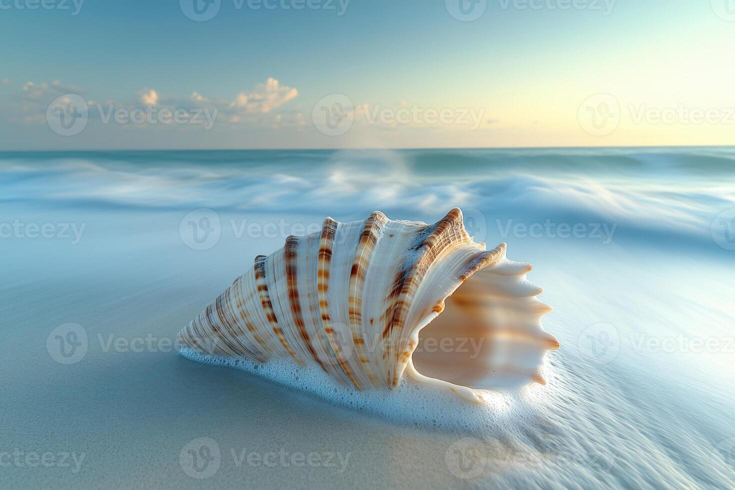 A shell on the beach with waves in the background photo
