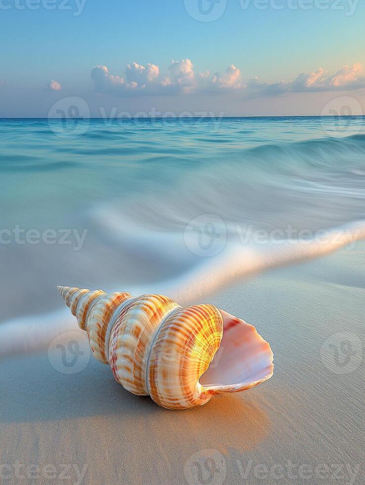 A shell on the beach at sunset photo