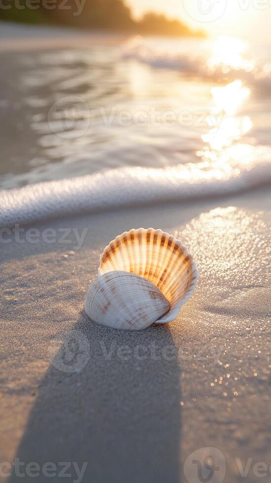 A shell on the beach at sunset photo