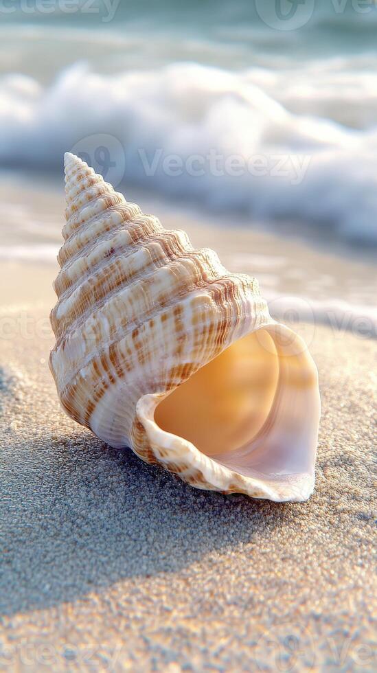 A shell on the beach with waves in the background photo