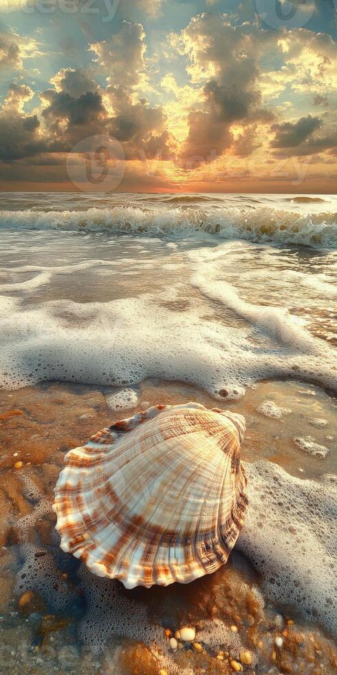 A shell on the beach at sunset photo