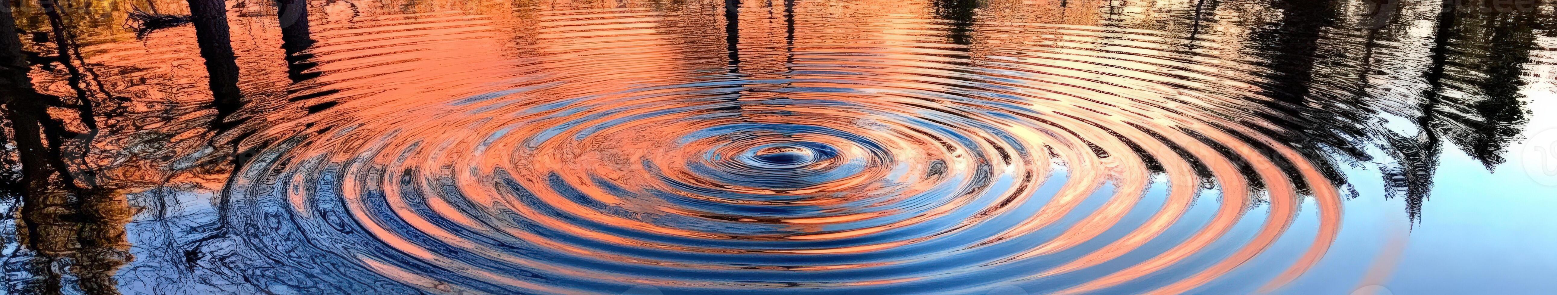A circular reflection of water on a lake with trees in the background photo