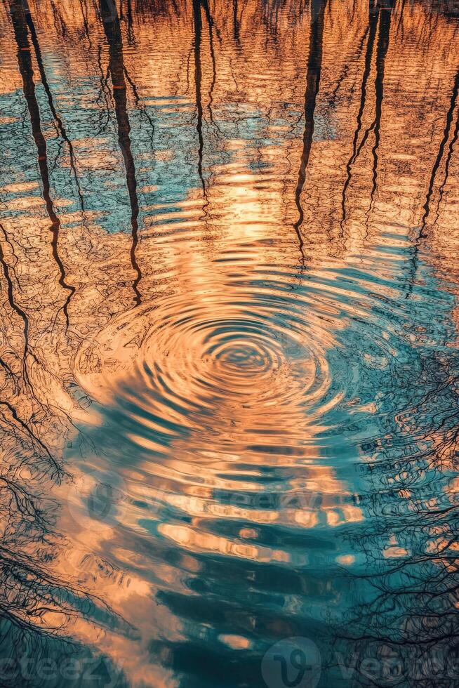 A reflection of trees in a pond at sunset photo