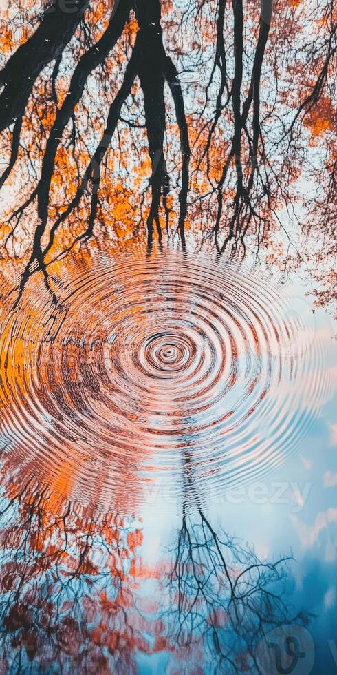 A tree with a circular reflection in water photo