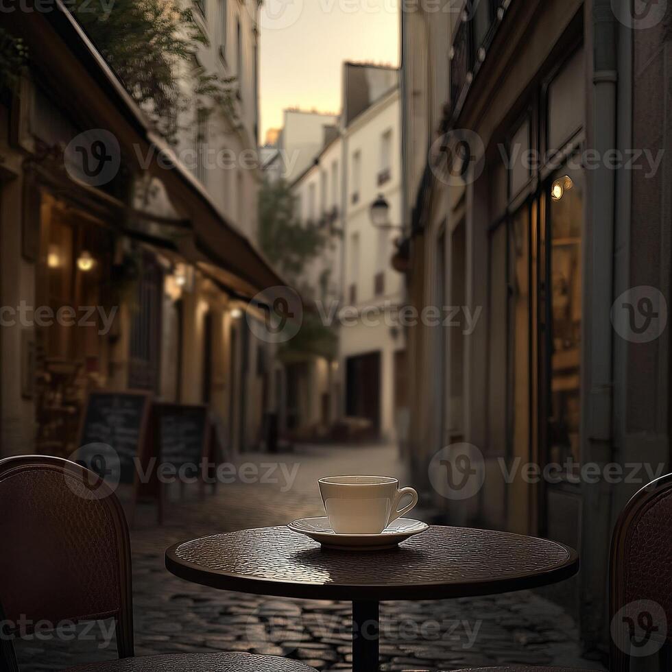 A delicate porcelain coffee cup rests on a small table in a serene European alley as dusk begins to settle in photo