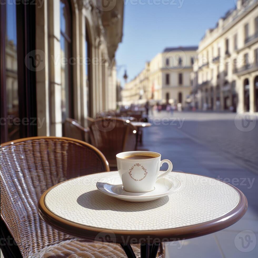 Porcelain coffee cup sits on a table in a bustling outdoor cafe setting on a sunny day photo