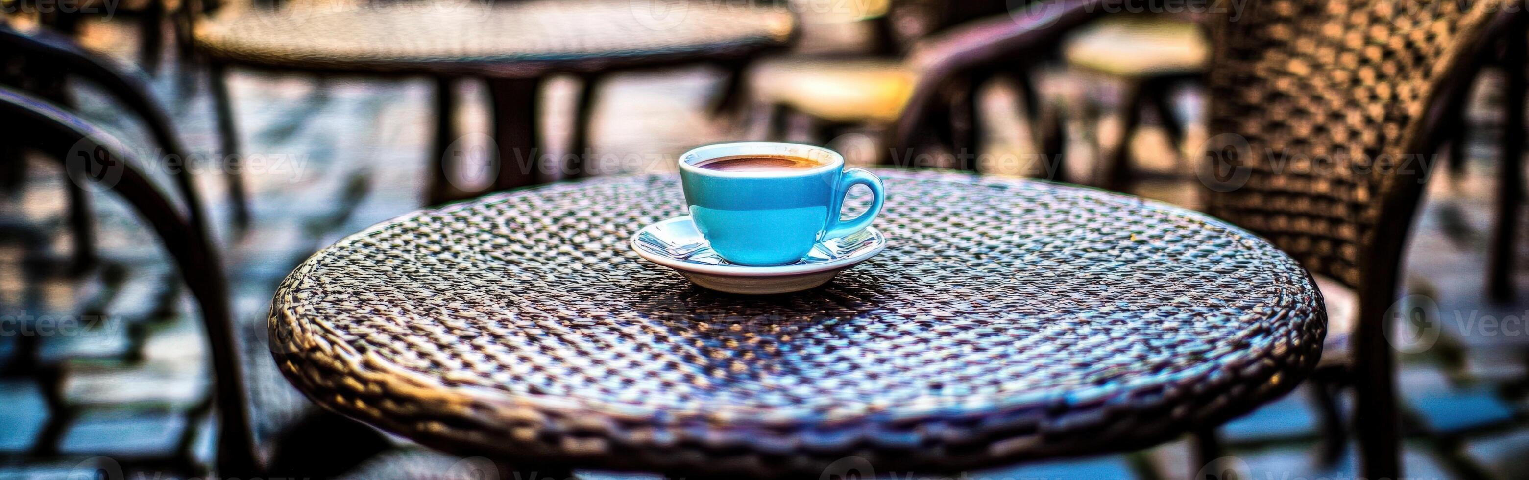 Porcelain coffee cup placed on a woven table in a cozy cafe setting during a sunny morning photo