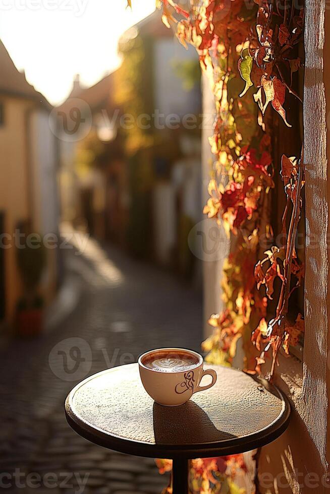 Porcelain coffee cup resting on a table amidst autumn leaves in a quaint cobblestone street photo
