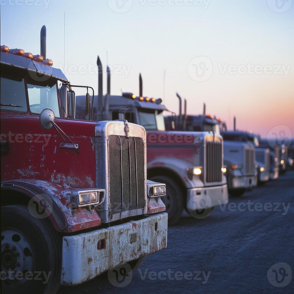 Trucks parked along a road at twilight with a colorful sunset in the background photo