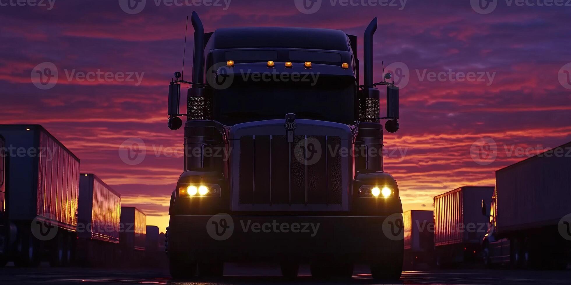 Trucks are parked at dusk, bathed in vibrant sunset colors that beautifully illuminate the evening sky photo