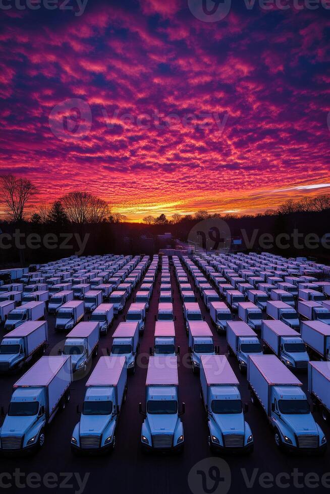 Trucks lined up in a parking lot at sunset with vibrant pink and purple clouds filling the sky photo