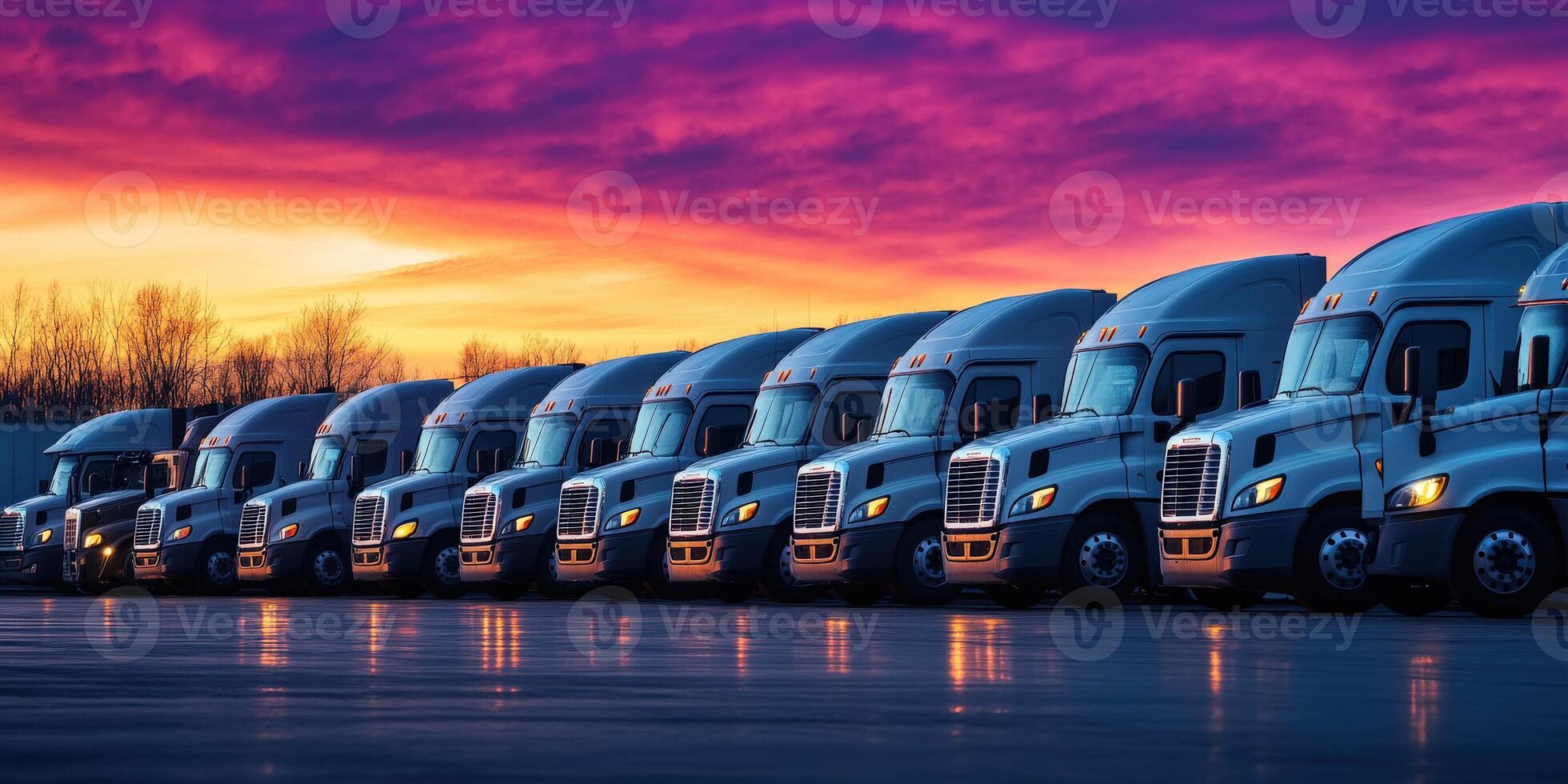 Trucks lined up against a colorful sunset sky, showcasing a serene transportation scene during evening hours photo