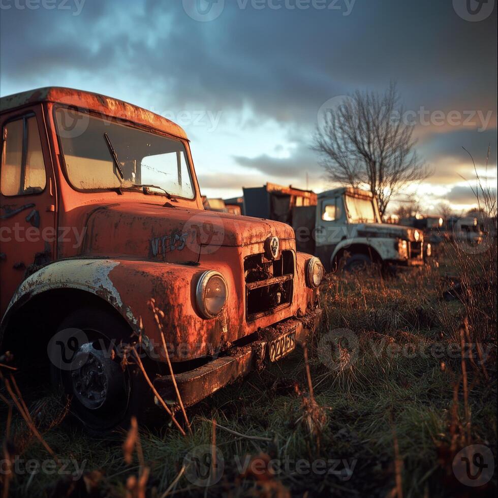 Old trucks rusting in a field at sunset with dramatic clouds in the background photo