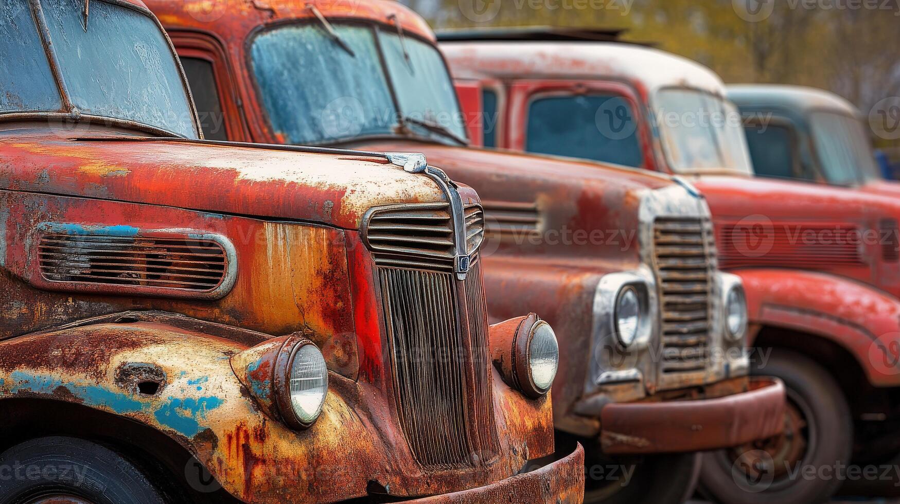 Old trucks lined up in a rustic setting showcasing weathered colors and vintage charm photo