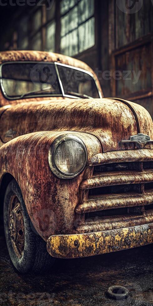 Rusty vintage truck parked in an abandoned warehouse showcasing years of wear and weathering in a nostalgic setting photo