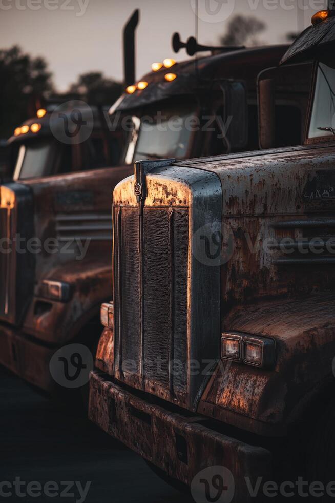Vintage trucks parked under evening light showcasing rust and character at a transport yard photo