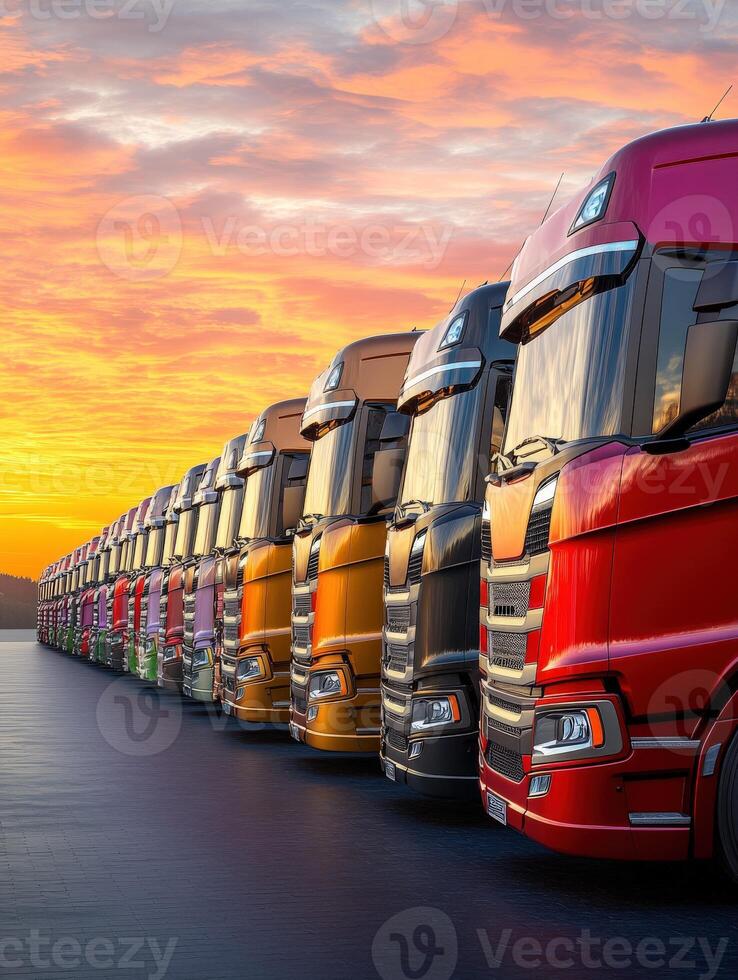 Trucks lined up against a vibrant sunset sky showcasing colors and powerful designs in a serene setting photo