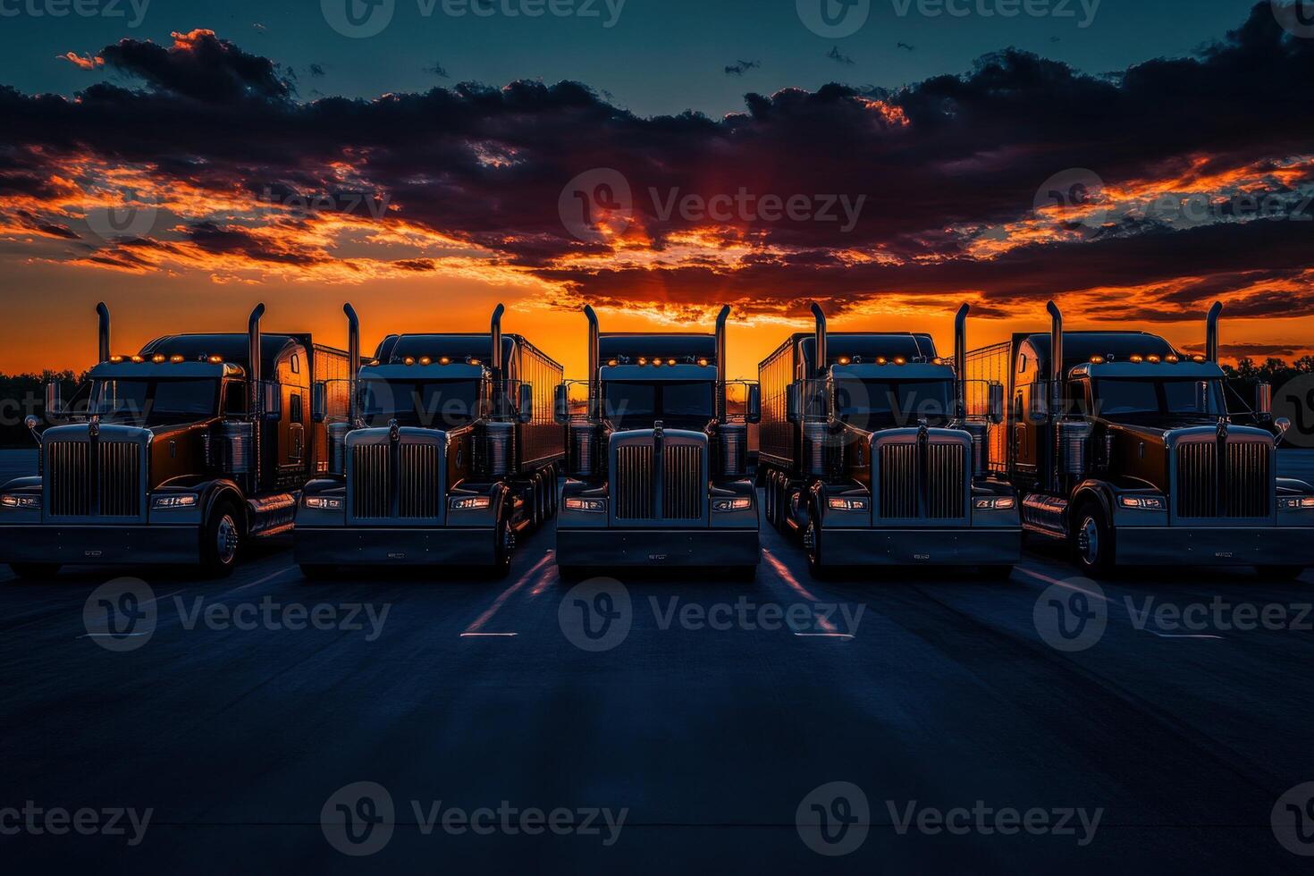 Trucks parked under a dramatic sunset with vibrant clouds and warm colors filling the sky photo
