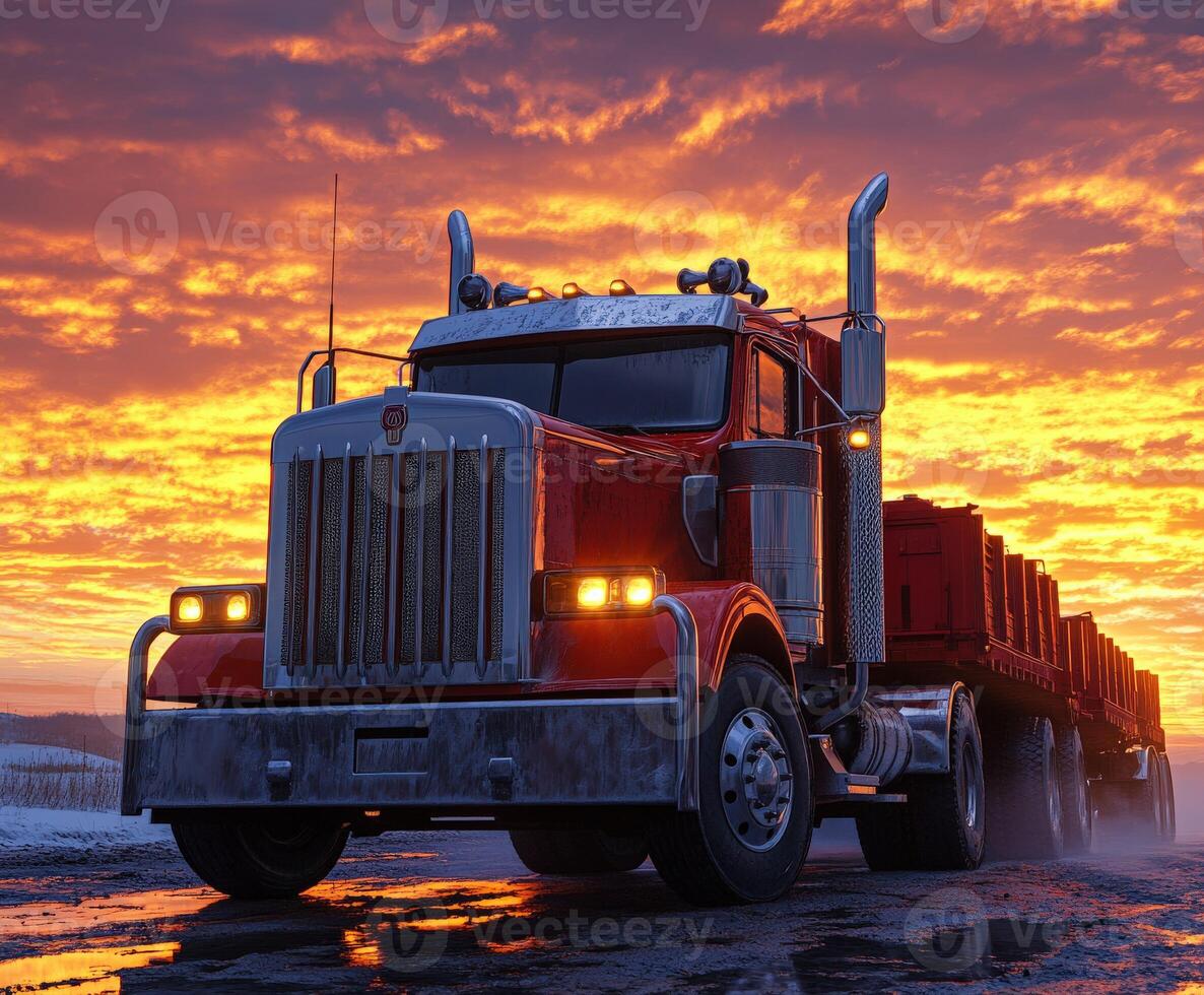 Trucks are on the move, delivering goods as the sun sets, casting vibrant colors across the sky photo