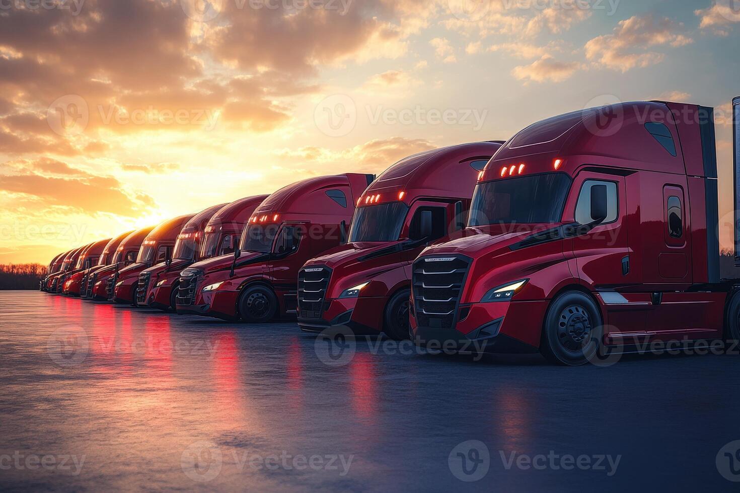 Row of red trucks parked under a colorful sunset near a transport hub in rural setting photo