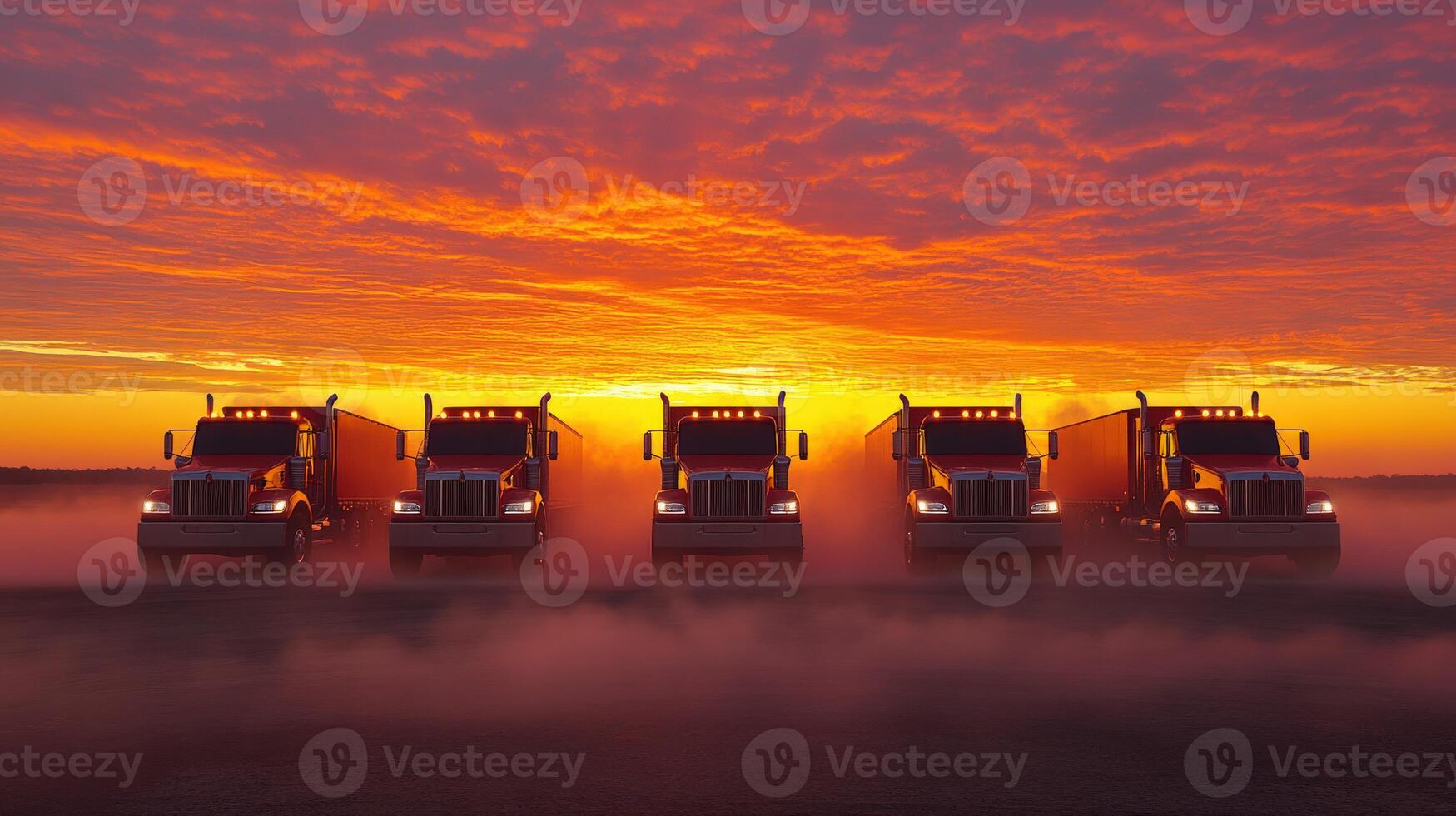 Trucks lined up against a vibrant sunset with mist in the foreground creating a dramatic silhouette photo