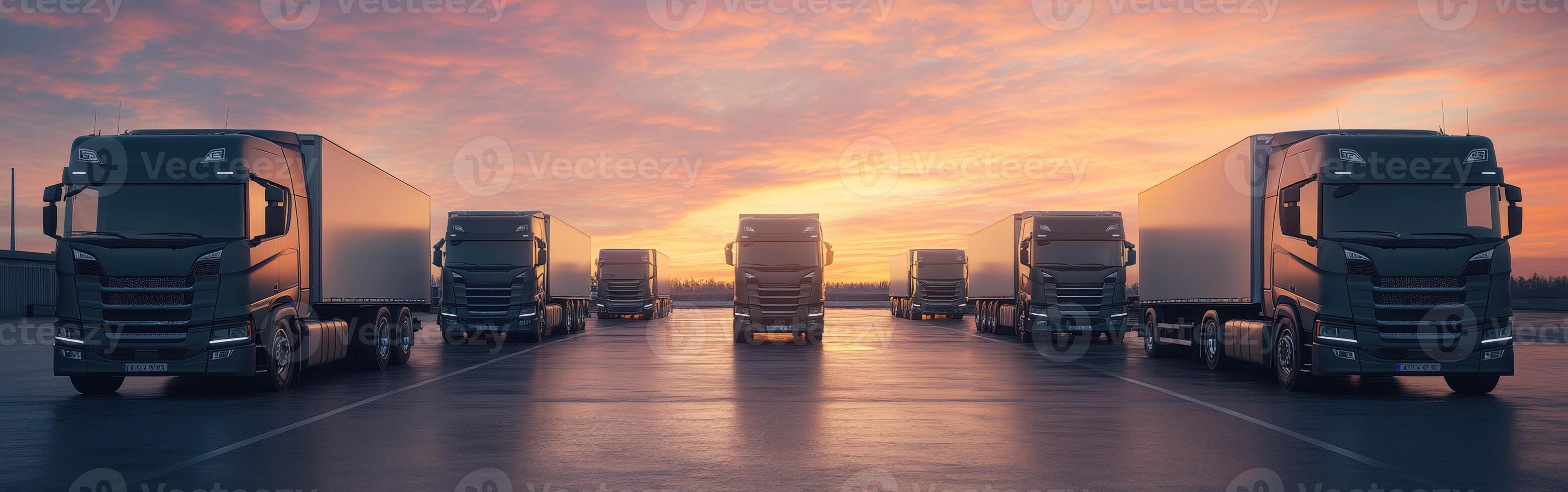 Trucks lined up at sunset with vibrant colors in the sky creating a striking view of the transportation industry photo