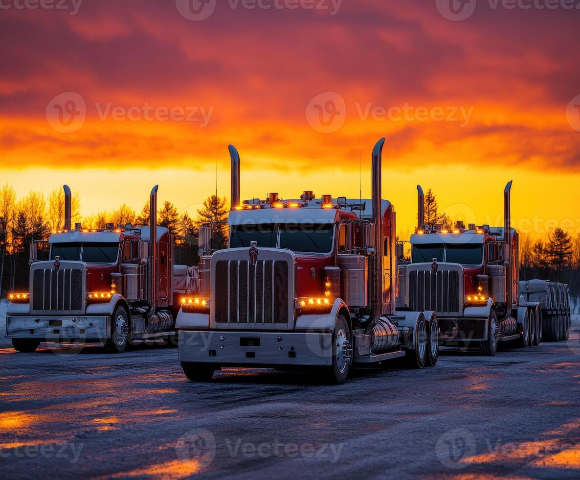 Colorful sunset highlights trucks parked in a loading area with a dramatic sky photo