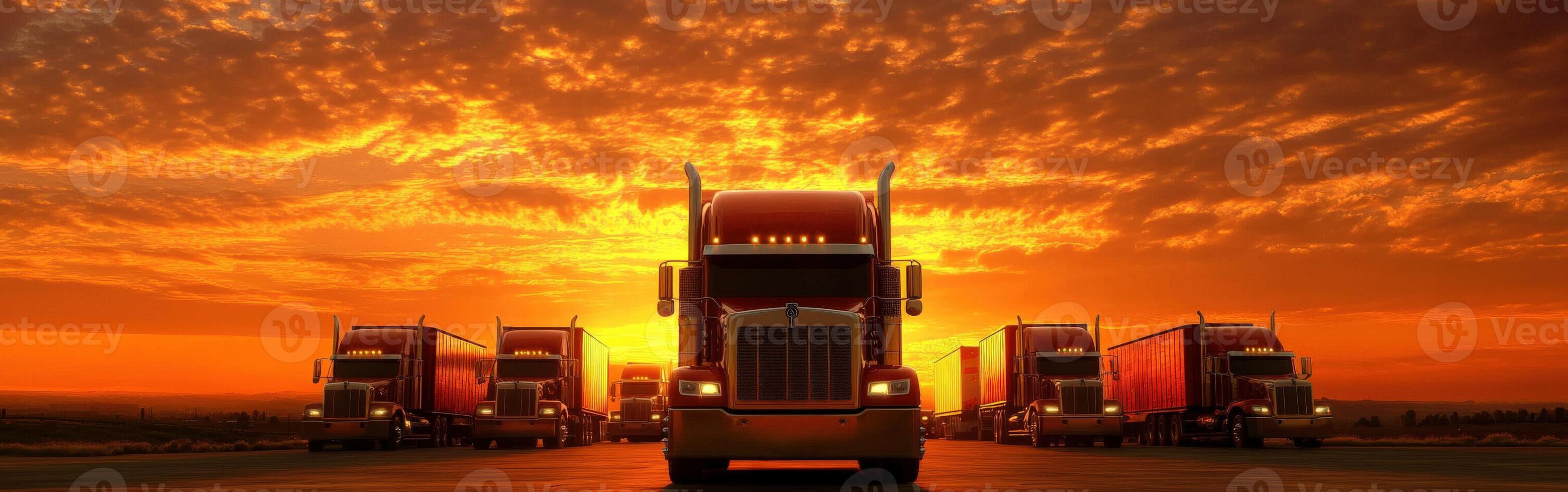 Trucks lined up against a stunning sunset providing a picturesque view of transportation and nature in harmony photo