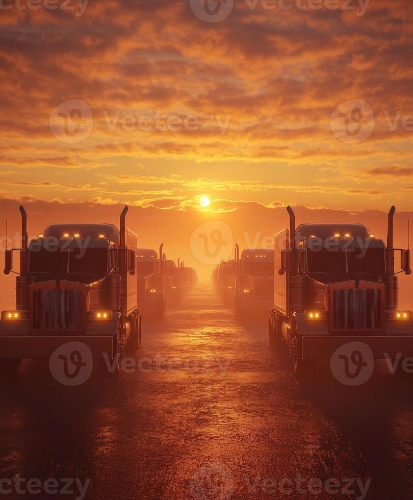 A row of trucks can be seen positioned against a stunningly vibrant sunset illuminating a hazy landscape photo